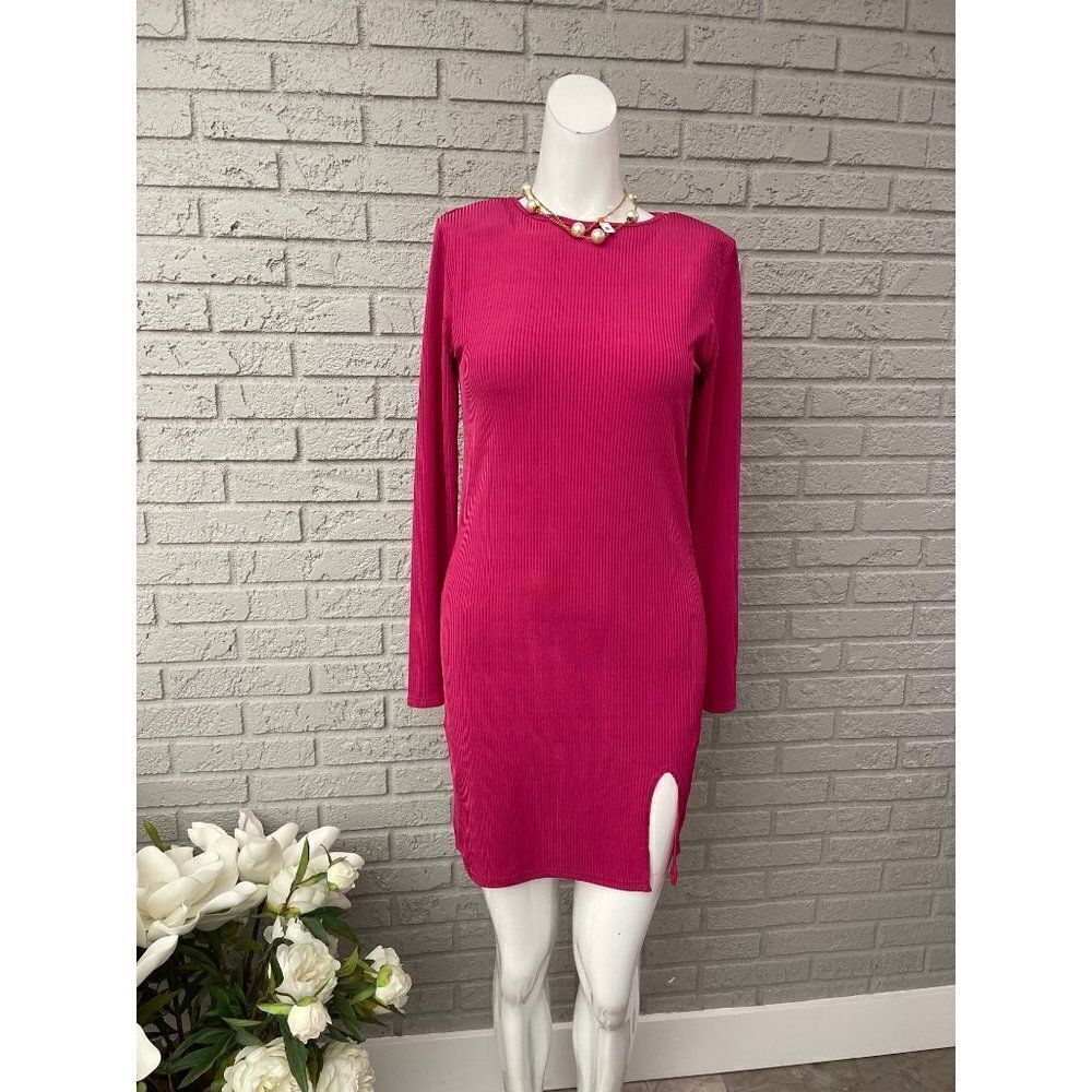 Nastygal Bright Pink Ribbed Long Sleeve Bodycon Dress Size 8